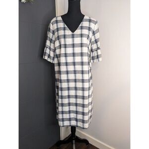 Downeast Navy and White Plaid Whrilwind Crush Shift Dress with Ruffle Sleeve - M